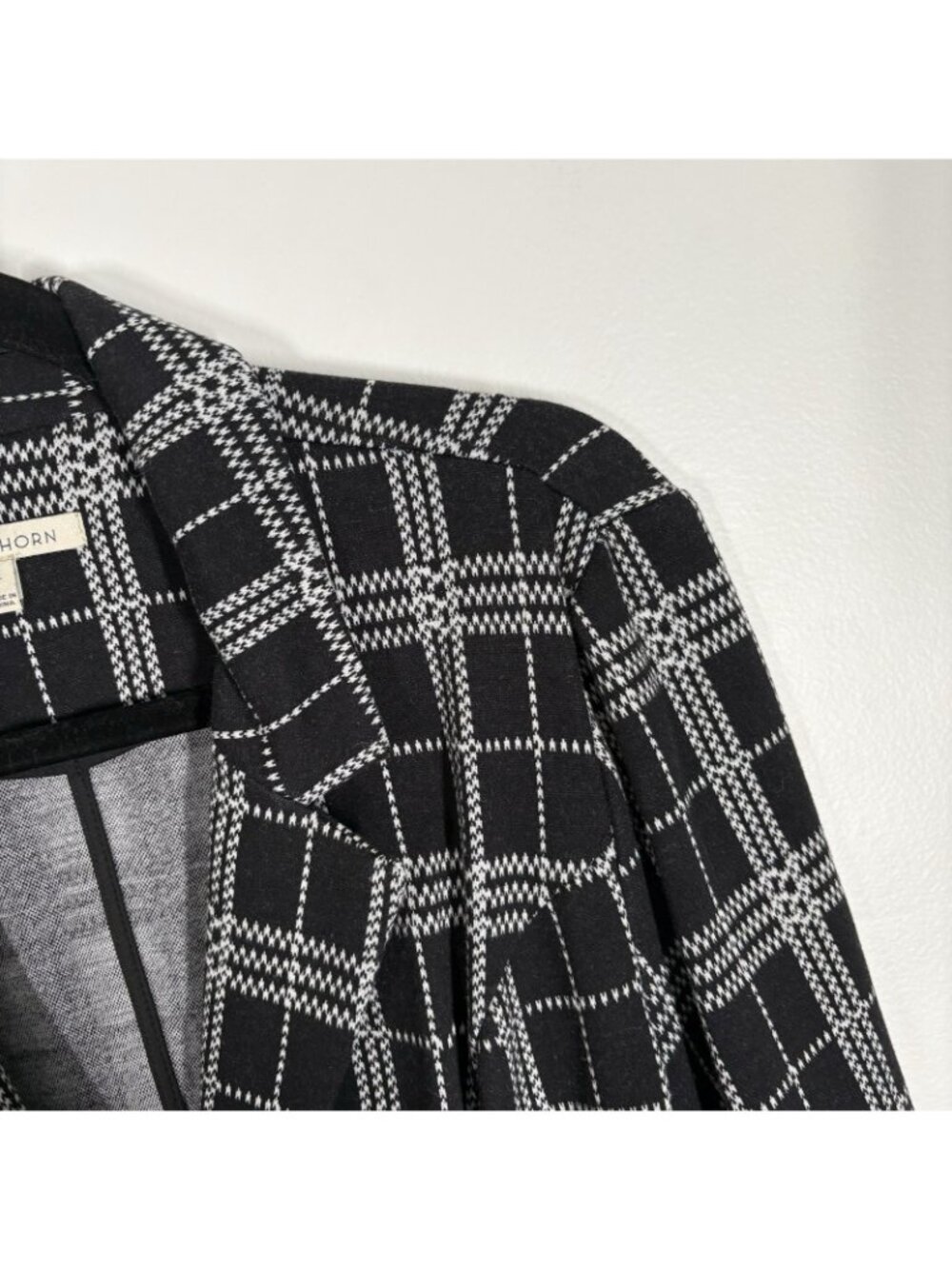 41 Hawthorn Women M Black White Plaid 3/4 Sleeves One Button Dimo Knit Blazer - Picture 6 of 10
